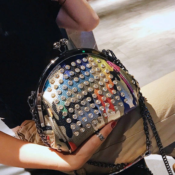 Handbags - Lady Chic Rhinestones Kiss Lock PU Leather Chain Shoulder/Crossbody Bag